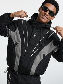 AXEPEAK Men's Drawstring Hooded Casual Daily Long Sleeve Zip Jacket, For Spring, Outdoor - Black - View 4