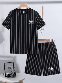 SHEIN 2件套儿童/青少年男童休闲条纹圆领T恤短裤套装，适合上学、通勤、日常休闲穿着、运动、春夏穿着。 - 黑色 - 查看 4