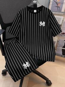 SHEIN 2件套儿童/青少年男童休闲条纹圆领T恤短裤套装，适合上学、通勤、日常休闲穿着、运动、春夏穿着。 - 黑色 - 查看 5