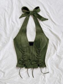 Soleia Plus Size New Sexy V-Neck Tie-Up Suede Deconstructed Women's Tank Top (No Padding) - Dark Green - View 5