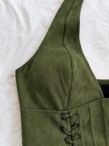 Soleia Plus Size New Sexy V-Neck Tie-Up Suede Deconstructed Women's Tank Top (No Padding) - Dark Green - View 7