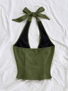 Soleia Plus Size New Sexy V-Neck Tie-Up Suede Deconstructed Women's Tank Top (No Padding) - Dark Green - View 2