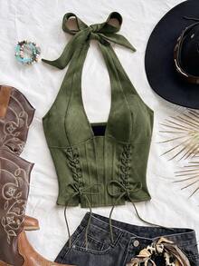 Soleia Plus Size New Sexy V-Neck Tie-Up Suede Deconstructed Women's Tank Top (No Padding) - Dark Green - View 4