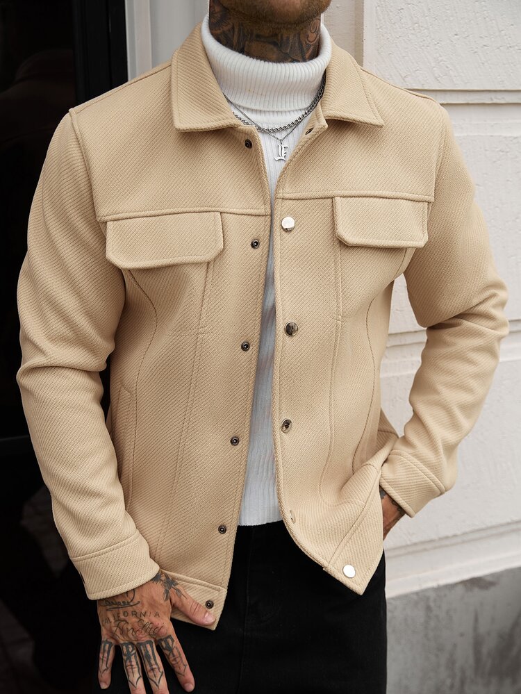 Manfinity Homme Men's Long Sleeve Casual Button-Front Drop Shoulder Overcoat For Autumn - Khaki - View 5