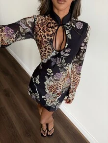 Aloruh Women's Elegant New Chinese Style Stand Collar Flare Sleeve Printed Mini Dress, Fall Dress,Halloween - Multicolor - View 7