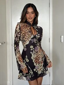 Aloruh Women's Elegant New Chinese Style Stand Collar Flare Sleeve Printed Mini Dress, Fall Dress,Halloween - Multicolor - View 8