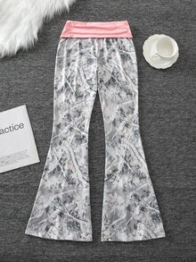 SHEIN 青少年女孩舒適時尚喇叭長褲，獨特對比色腰帶，適合日常與戶外穿著 - 彩色 - 查看 4