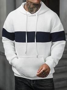 Manfinity CasualCool Men's Mature Casual Textured Colorblock Patchwork Hoodie - White - View 1