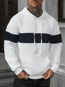 Manfinity CasualCool Men's Mature Casual Textured Colorblock Patchwork Hoodie - White - View 3