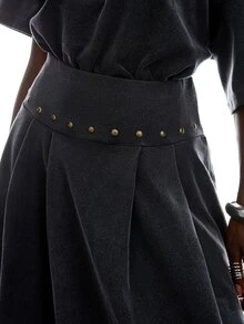 LYSMO Women's Y2K Charcoal Gray 2 Pieces Set,Punk Metal Decorative Rivets Asymmetric Collar Top And Skirt,Summer Outfits For Night Out Streetwear - Dark Grey - View 7