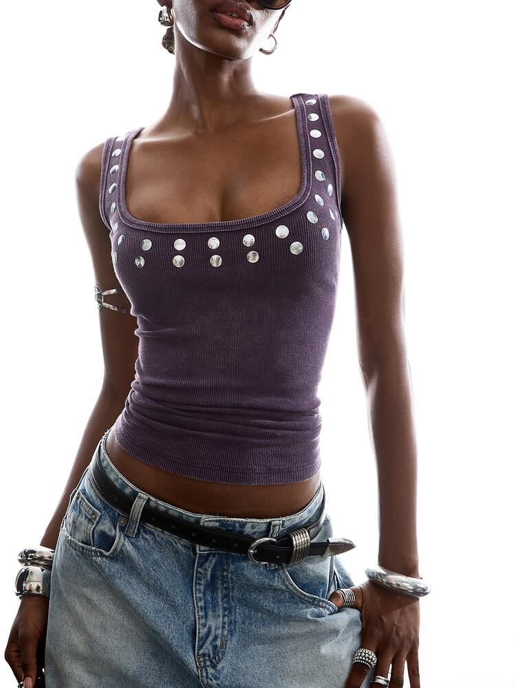 LYSMO 2026 New Arrive Minimalism Spring/Summer Women's Summer Casual Metal Decor Camisole Tank Tops Vest Workout Women And Blouses Yoga Top - Purple - View 3