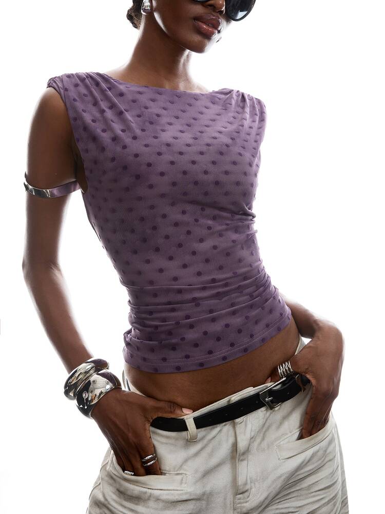LYSMO 2026 New Arrive Minimalism Spring/Summer Women's Polka Dot Print Pleated Fitted Fashion Camisole - Dusty Purple - View 3