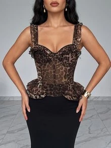 Glamine Ladies' Party Leopard Print Sequined Y2K-Style Sexy Shades Of Brown Bodycon Ruched Strapless Top, Perfect For Halloween, Club Parties, Summer - Coffee Brown - View 4