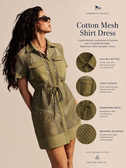 Nima Coro Cotton Casual Sheer Mesh Short Shirt Dress, Double Pockets, Cinched Waist, Utility Vacation Dress, Light Sport Hollow Patchwork,Summer/Autumn