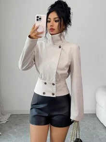 Elenzga 1pc Double Breasted Placket Wide Hem Jacket - Multicolor - View 5