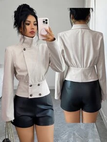 Elenzga 1pc Double Breasted Placket Wide Hem Jacket - Multicolor - View 3