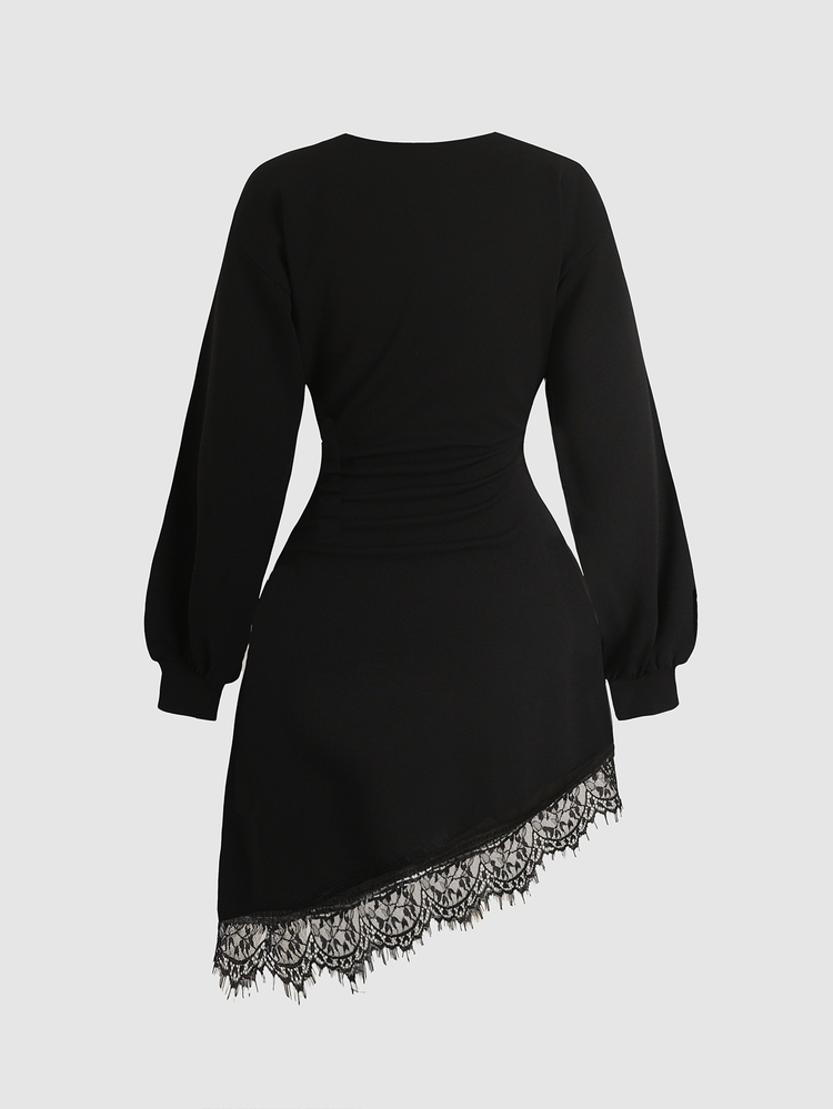 SHEIN Teen Girls Teen Girl Black Elegant Round Neck Asymmetrical Hem Lace Patchwork Cinched Waist Short Sleeve Mini Dress - Black - View 4