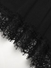 SHEIN 青少年女孩黑色優雅圓領不對稱下擺蕾絲拼接收腰短袖迷你洋裝 - 黑色 - 查看 2