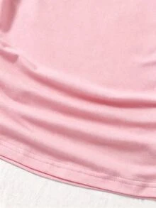 Sparklyn 春夏簡約不對稱露肩女童T恤，彈性、露肩、波希米亞風、抓皺、修身，度假穿搭 - 粉色 - 查看 4
