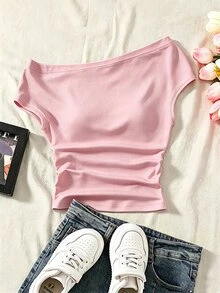 Sparklyn 春夏簡約不對稱露肩女童T恤，彈性、露肩、波希米亞風、抓皺、修身，度假穿搭 - 粉色 - 查看 2