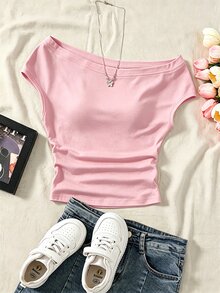 Sparklyn 春夏簡約不對稱露肩女童T恤，彈性、露肩、波希米亞風、抓皺、修身，度假穿搭 - 粉色 - 查看 5