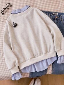 SHEIN Sparklyn 女童 2 合 1 藍色格紋衛衣 秋季街頭風 休閒可愛 校園開學百搭套頭衫 字母圖案 教師節 - 灰色 - 查看 2