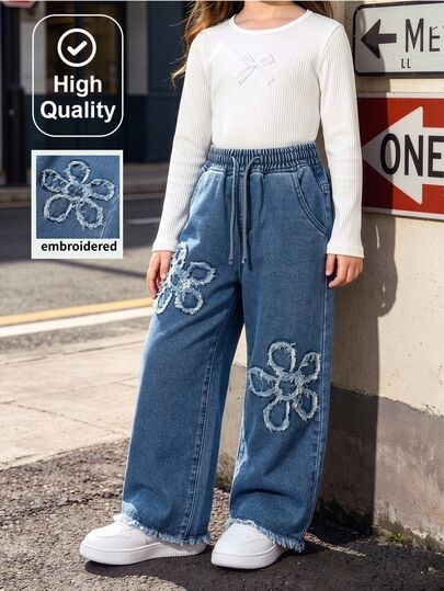 SHEIN Vintaside Kids Young Girl New Fashion Personalized Versatile Exquisite Cute Washed Patchwork Floral Embroidery Wide Leg Denim Jeans, Comfortable Daily Wear Young Girls Wide Leg Pants, Elastic Waistband, Drawstring Waist, Suitable For School, Campus, Everyday Wear