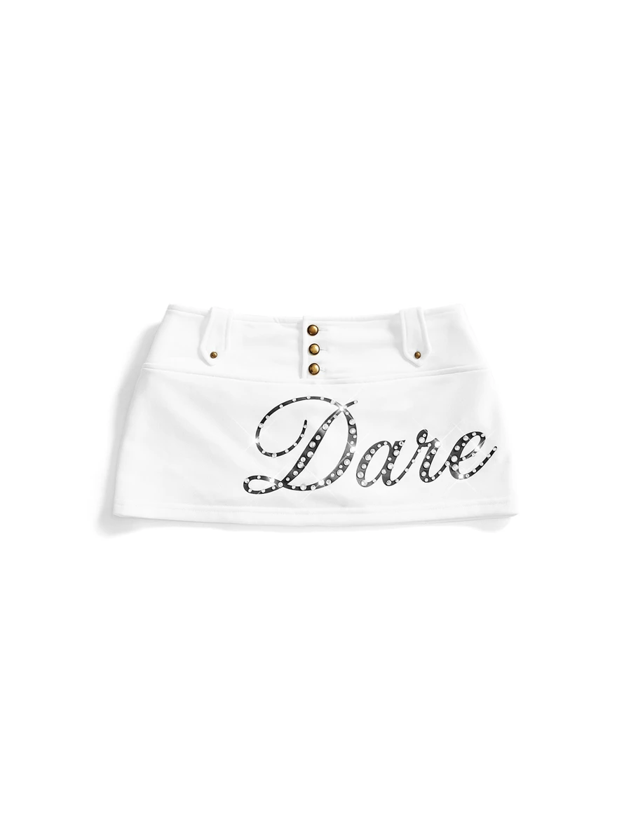 ROMWE Vintage Y2K Metal Buckle Low Waist Mini Letter Print Rhinestone Women's Skirt - White - View 1