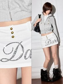 ROMWE Vintage Y2K Metal Buckle Low Waist Mini Letter Print Rhinestone Women's Skirt - White - View 18
