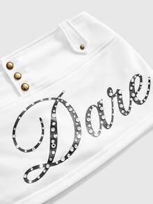 ROMWE Vintage Y2K Metal Buckle Low Waist Mini Letter Print Rhinestone Women's Skirt - White - View 16