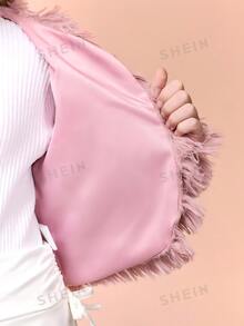 SHEIN Sparklyn 青少年女孩毛茸茸人造毛皮流蘇短版開襟外套，粉色毛絨優雅冬季派對外衣 - 淺灰紫 - 查看 7