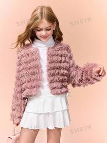 SHEIN Sparklyn 青少年女孩毛茸茸人造毛皮流蘇短版開襟外套，粉色毛絨優雅冬季派對外衣 - 淺灰紫 - 查看 4