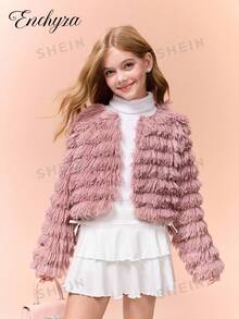 SHEIN Sparklyn 青少年女孩毛茸茸人造毛皮流蘇短版開襟外套，粉色毛絨優雅冬季派對外衣 - 淺灰紫 - 查看 3
