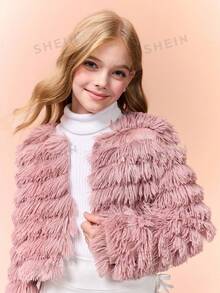 SHEIN Sparklyn 青少年女孩毛茸茸人造毛皮流蘇短版開襟外套，粉色毛絨優雅冬季派對外衣 - 淺灰紫 - 查看 5