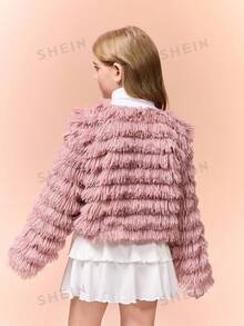 SHEIN Sparklyn 青少年女孩毛茸茸人造毛皮流蘇短版開襟外套，粉色毛絨優雅冬季派對外衣 - 淺灰紫 - 查看 2