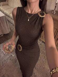 Firerie Metallic Decorative Brown Textured Sleeveless Stretch Dress Elegant Casual Formal Party Going Out Office Vacation Festival - Brown - View 7