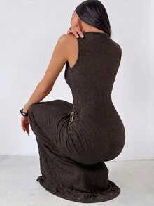 Firerie Metallic Decorative Brown Textured Sleeveless Stretch Dress Elegant Casual Formal Party Going Out Office Vacation Festival - Brown - View 3