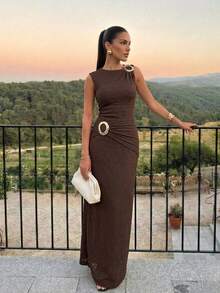 Firerie Metallic Decorative Brown Textured Sleeveless Stretch Dress Elegant Casual Formal Party Going Out Office Vacation Festival - Brown - View 6