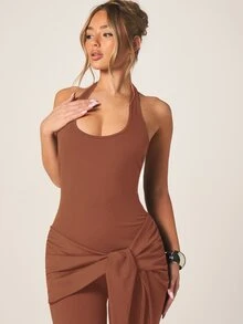 MISSGUIDED Halter Neck Capri Jumpsuit With Tie Knot Waist Detail And Open Back Bodycon Fit Midi Length One Piece - Chocolate Brown - View 4