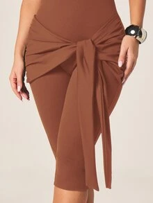 MISSGUIDED Halter Neck Capri Jumpsuit With Tie Knot Waist Detail And Open Back Bodycon Fit Midi Length One Piece - Chocolate Brown - View 3