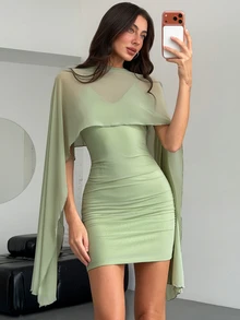 Aloruh 女款優雅蝙蝠袖修身緊身迷你洋裝，優雅派對洋裝、返校舞會洋裝、婚禮賓客洋裝、生日洋裝、典禮洋裝 - 薄荷綠 - 查看 7