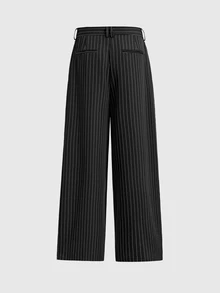 ESTAVOR Men's Fashion Striped Pleated Loose Wide Leg Long Pants - Black - View 3
