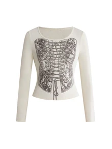 ROMWE Y2K Off-Shoulder Hand-Painted Style Bustier Print High-Elastic Knit Women's T-Shirt - Beige - View 11