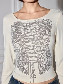 ROMWE Y2K Off-Shoulder Hand-Painted Style Bustier Print High-Elastic Knit Women's T-Shirt - Beige - View 2