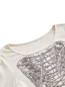 ROMWE Y2K Off-Shoulder Hand-Painted Style Bustier Print High-Elastic Knit Women's T-Shirt - Beige - View 13