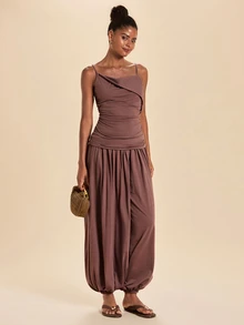 Travachic Women's Pleated Camisole Top And Loose Tapered Pants 2 Pieces Set - Coffee Brown - View 4