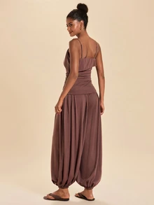 Travachic Women's Pleated Camisole Top And Loose Tapered Pants 2 Pieces Set - Coffee Brown - View 2