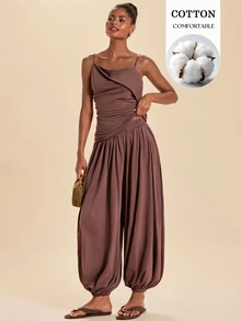 Travachic Women's Pleated Camisole Top And Loose Tapered Pants 2 Pieces Set - Coffee Brown - View 3