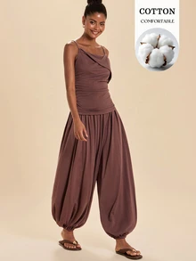 Travachic Women's Pleated Camisole Top And Loose Tapered Pants 2 Pieces Set - Coffee Brown - View 1
