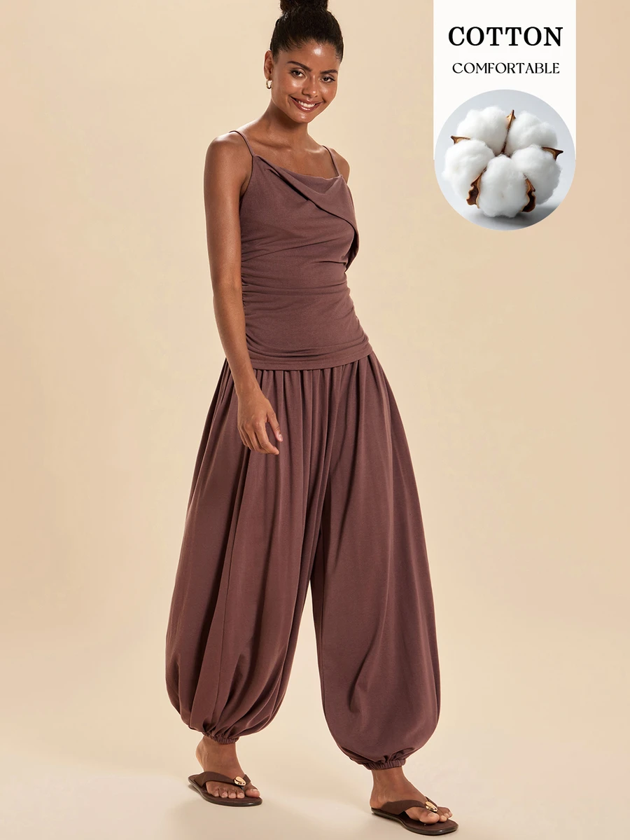 Travachic Women's Pleated Camisole Top And Loose Tapered Pants 2 Pieces Set - Coffee Brown - View 1